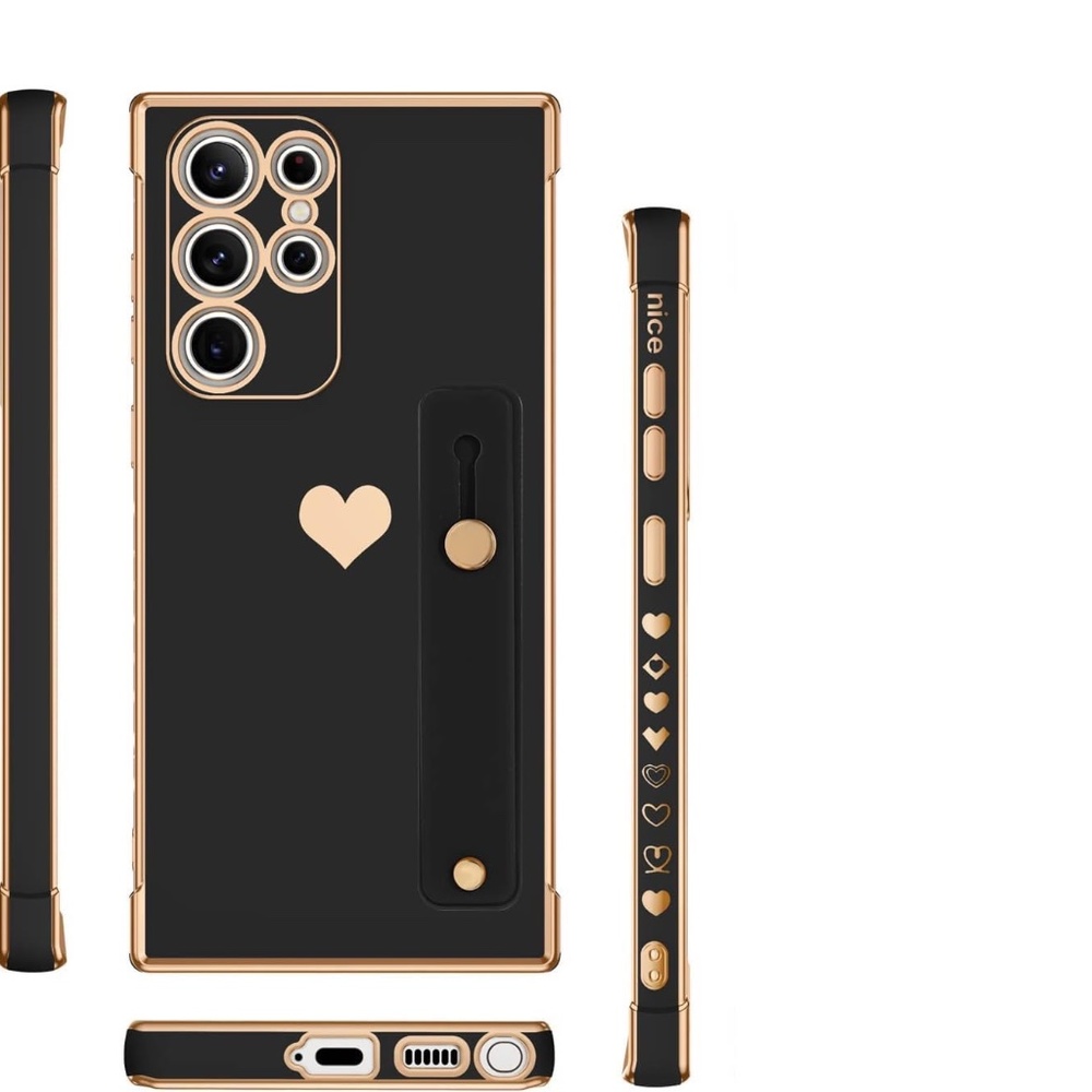 3/$15 Samsung S22 ULTRA Black Gold Heart w Wrist Kickstand Strap Phone Case NIP